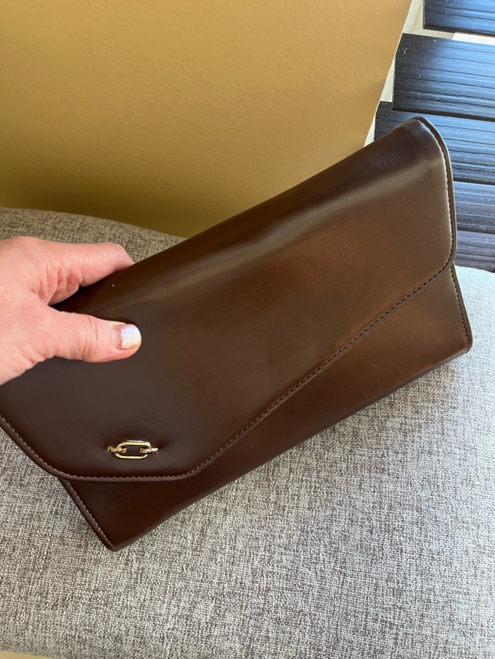 Vintage Brown Faux Leather Envelope Clutch Crossbody Shoulder Bag Gold Hardware